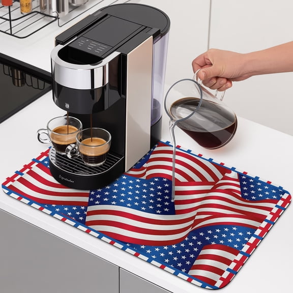 American Flag Dish Drying Mats for Kitchen Counter, Patriotic Star Stripes USA Flag Absorbent Coffee Bar Mat with Non-slip Rubber Backed Quick Drying Dish Rack Pad 12"x16"