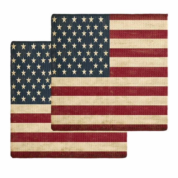 American Flag Dish Towels Set, Waffle Weave Kitchen Towels 2 Pieces, Vintage Red BlueUSA Flag Microfiber Hair Face Bath Tea Towel Absorbent Quick Drying Cleaning Dish Cloths, 12"x12"