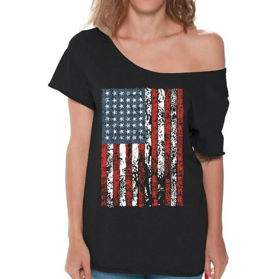 American Flag Distressed Graphic Off Shoulder Shirt - 4th of July Off The Shoulder Top - Patriotic Holiday Outfit for Women