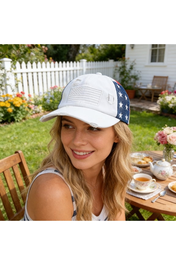 American Flag Distressed Ponytail Baseball Cap, Embroidered Patriotic Design, Adjustable Custom Fit for Outdoor Activities, 4th of July Celebrations, Memorial Day Events, Hiking