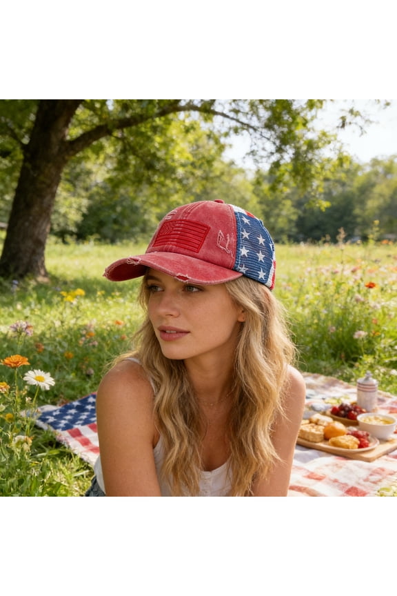 American Flag Distressed Ponytail Baseball Cap, Embroidered Patriotic Design, Adjustable Custom Fit for Outdoor Activities, 4th of July Celebrations, Memorial Day Events, Hiking