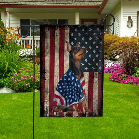 American Flag with Doberman Pinscher Dog stand under the cross Patriot Patriotic 4th of july House Flag, Double-Sided Decorative Outdoor Flag, Patriotic Polyester Yard Flag 29.5 x 39.5 in