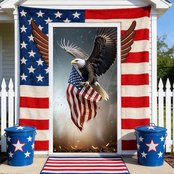 American Flag Door Banner 35x70 Inch for 4th of July, Patriotic Nylon Spandex Backdrop with Metal Grommets and Hanging Rope, Independence Day Party Decorations for Wall Porch Photo Booth Entryway