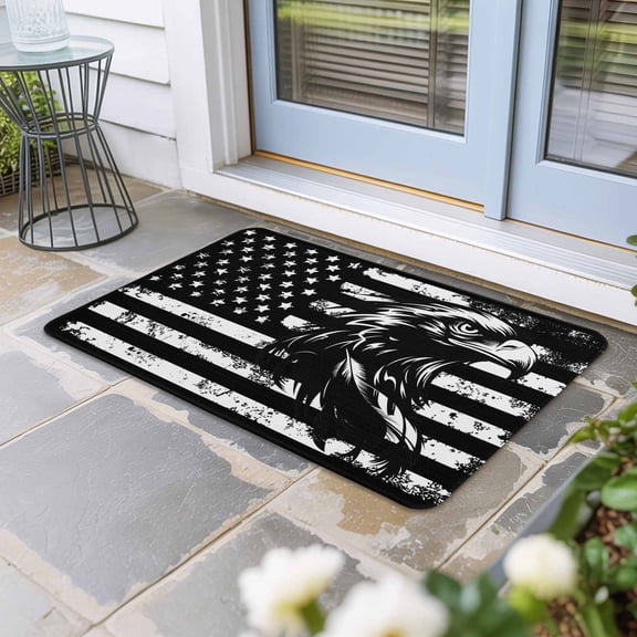 American Flag Door Mat Indoor Outdoor, Black US Flag Eagle Non Slip Welcome Mat with Rubber Backing, Absorbent Fabric Front Door Mats Entryway Rug for Home Patio Entrance 24"x36"