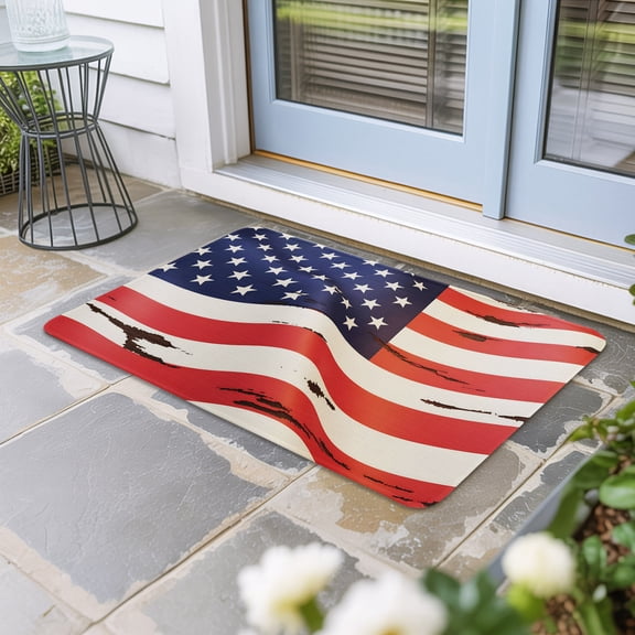 American Flag Door Mat Indoor Outdoor, Red Blue USA Flag Non Slip Welcome Mat with Rubber Backing, Absorbent Fabric Front Door Mats Entryway Rug for Home Patio Entrance 16"x24"