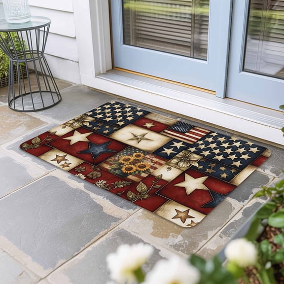American Flag Door Mat Indoor Outdoor, Texas Star Farmhouse Sunflowers Blue Red Non Slip Welcome Mat with Rubber Backing, Absorbent Fabric Front Door Mats Entryway Rug for Home Patio Entrance 16"x24"