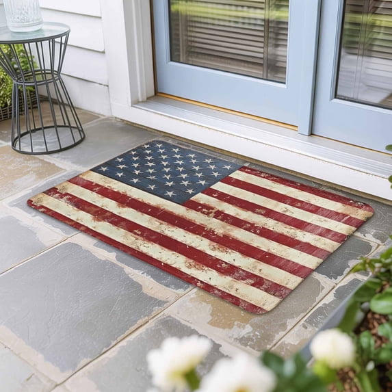 American Flag Door Mat Indoor Outdoor, Vintage Blue Red USA Flag Retro Non Slip Welcome Mat with Rubber Backing, Absorbent Fabric Front Door Mats Entryway Rug for Home Patio Entrance 24"x36"