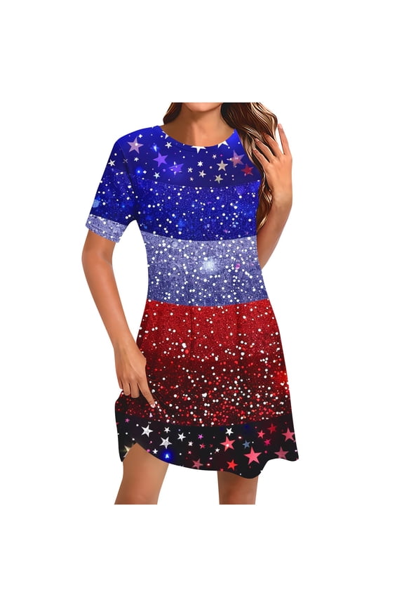 Womens American Flag Dress 4Th of July Patriotic Shirt Elastic High Waist Mid Dress Round Neck Short Sleeve Sundress Usa Flag Star Printed Dresses Summer Beach Vacation Sun-Dress