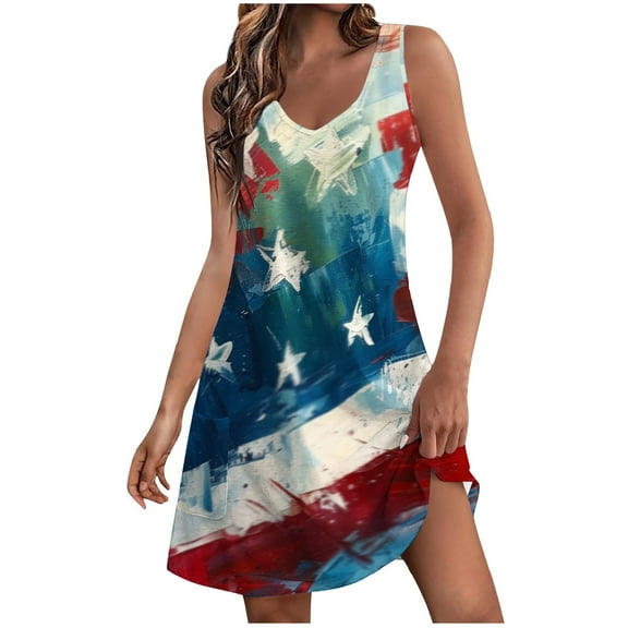American Flag Dress for Women 4Th of July Patriotic Shirt Crew Neck Short Sleeve Sundress Elastic High Waist Dresses Summer Baggy Boho Mini Dress Beach Vacation Sun-Dress 2025