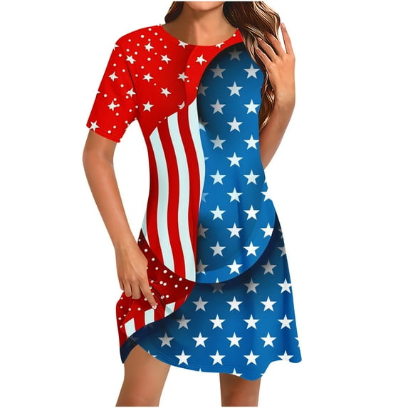 American Flag Dress for Women 4Th of July Patriotic Shirt Crew Neck Short Sleeve Sundress Elastic High Waist Dresses Summer Baggy Boho Mini Dress Beach Vacation Sun-Dress 2025