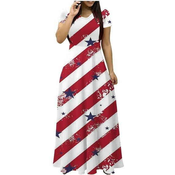 American Flag Dress Women 4th of July Patriotic Maxi Dress USA Stars Stripes Dresses Short Sleeve Summer Sundress 2035