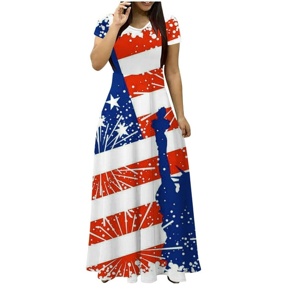 American Flag Dress Women 4th of July Patriotic Maxi Dress USA Stars Stripes Dresses Short Sleeve Summer Sundress 2059