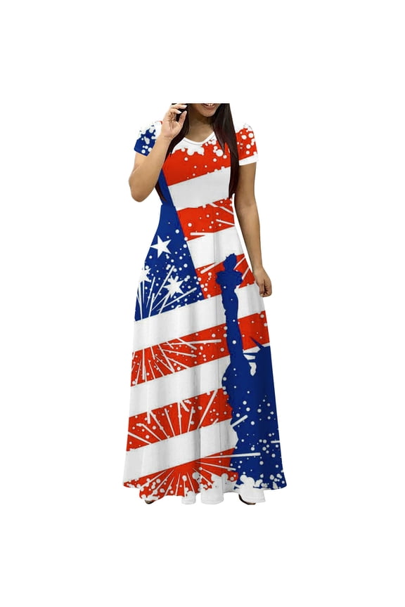 American Flag Dress Women 4th of July Patriotic Maxi Dress USA Stars Stripes Dresses Short Sleeve Summer Sundress 2063