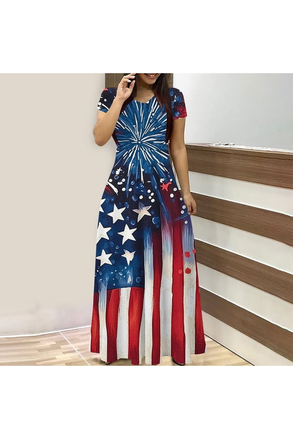 American Flag Dress Women Summer Dress Women's Dresses Independence Day Ladies Fashion Short Sleeve Round-Neck Dress Printed Long Dresses
