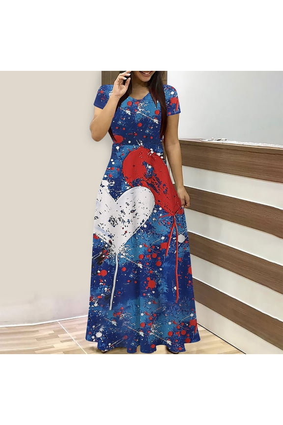 American Flag Dress Women Summer Dress Women's Dresses Independence Day Ladies Fashion Short Sleeve Round-Neck Dress Printed Long Dresses