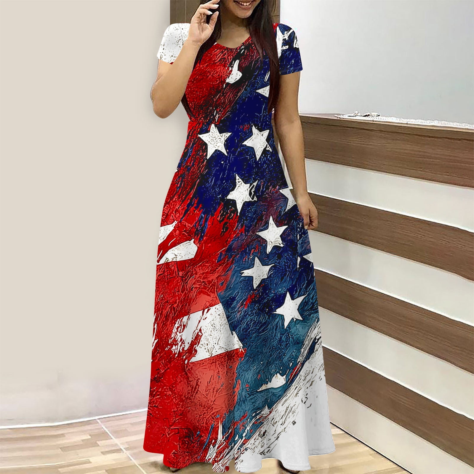 Women's Independence Day Splicing  Flag Stars Printed Casual Dress