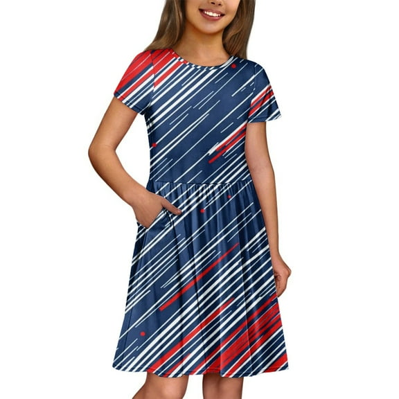 American Flag Dresses for Girls Size 10-12 4th of July Dresses Short Sleeve Independence Day Stars Striped 4th of July Dress Patriotic Midi Dresses with Pockets