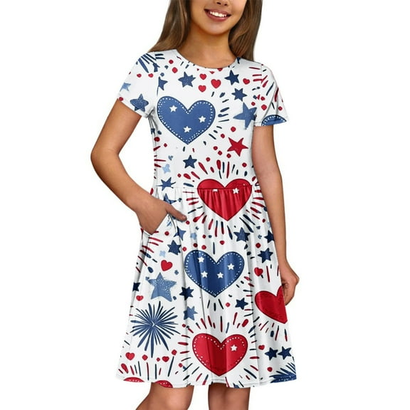 American Flag Dresses for Girls Short Sleeve Independence Day Stars Striped 4th of July Dress Size 10-12 Midi Dresses with Pockets