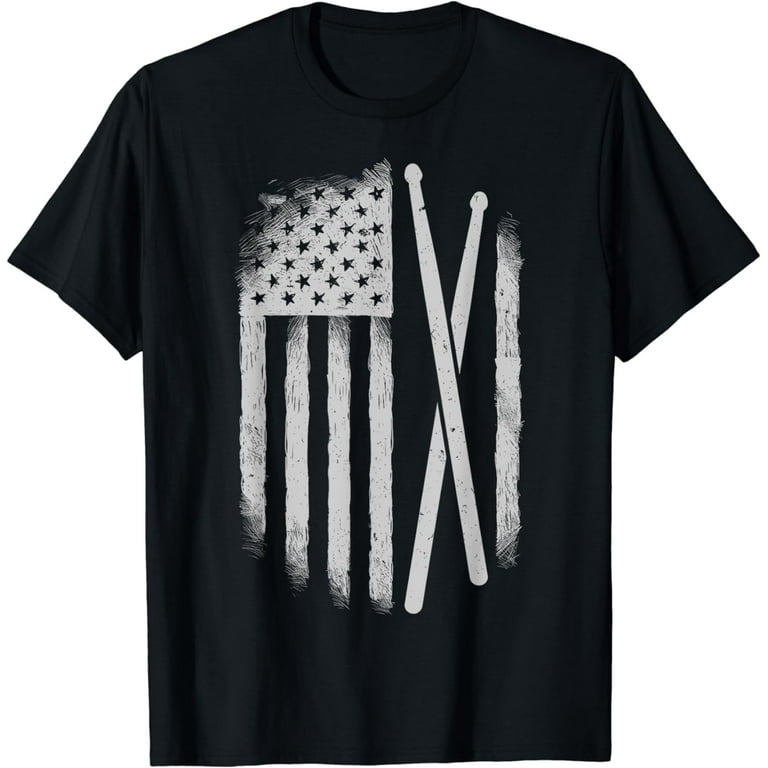 Drum Sticks On A Vintage American Flag T-Shirt For Drummers Drum Sticks On A Vintage American Flag T-Shirt For Drummers