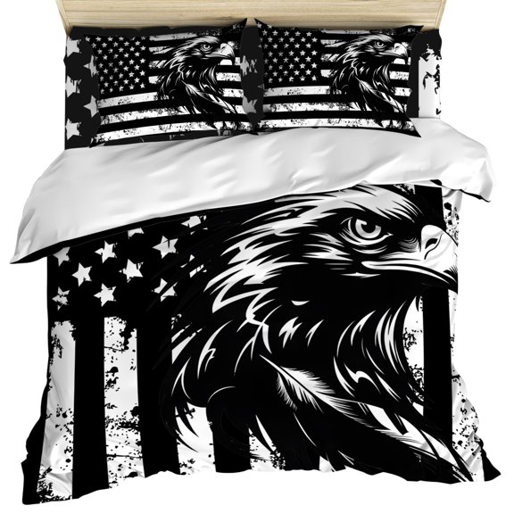 American Flag Duvet Cover Set, Black US Flag Eagle Soft Duvet Cover Full Size Bedding Set 4 Pieces, 1 Quiltcover and 2 Pillowcases with Zipper, 1 Bed Sheet for All Seasons