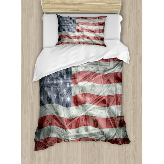 American Flag Duvet Cover Set, American Dollar on Flag Money Currency Exchange Value Global Finance, Decorative 2 Piece Bedding Set with 1 Pillow Shams, Twin Size, Multicolor, by Ambesonne