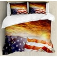 thumbnail image 1 of American Flag Duvet Cover Set King Size, Flag in front of Sunset Sky with Horizon America Union Idyllic Photograph, Decorative 3 Piece Bedding Set with 2 Pillow Shams, Multicolor, by Ambesonne, 1 of 3