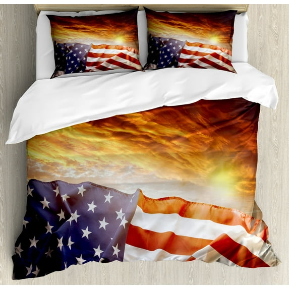 American Flag Duvet Cover Set King Size, Flag in front of Sunset Sky with Horizon America Union Idyllic Photograph, Decorative 3 Piece Bedding Set with 2 Pillow Shams, Multicolor, by Ambesonne