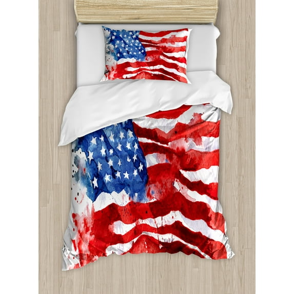 American Flag Duvet Cover Set, National Paint Brush Watercolor Digital Stroke Messy Graffiti Art Design Print, Decorative 2 Piece Bedding Set with 1 Pillow Shams, Twin Size, Red Blue, by Ambesonne