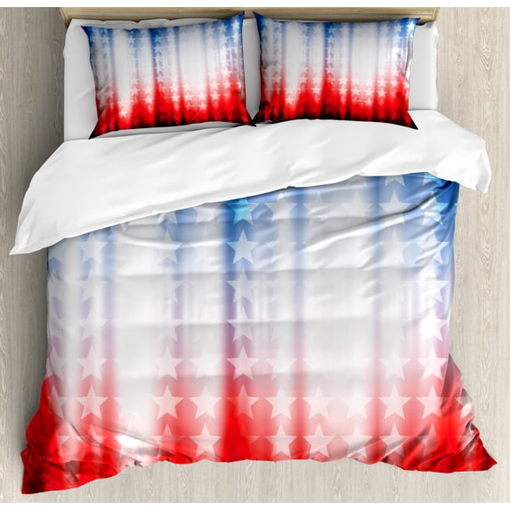American Flag Duvet Cover Set Queen Size, Abstract Background with Stars in Digital Neon Colors Design Image Artwork, Decorative 3 Piece Bedding Set with 2 Pillow Shams, Blue Red, by Ambesonne