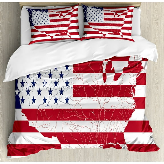 American Flag Duvet Cover Set Queen Size, America Continent Shaped Flag Martial Design International World Glory Print, Decorative 3 Piece Bedding Set with 2 Pillow Shams, Navy Red, by Ambesonne