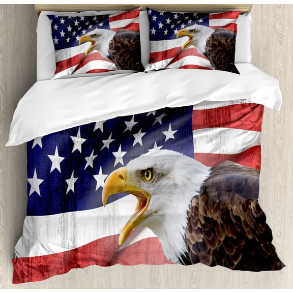 American Flag Duvet Cover Set Queen Size, Eagle on Foreground Banner Pride History Solidarity Martial Identity Symbol, Decorative 3 Piece Bedding Set with 2 Pillow Shams, Multicolor, by Ambesonne