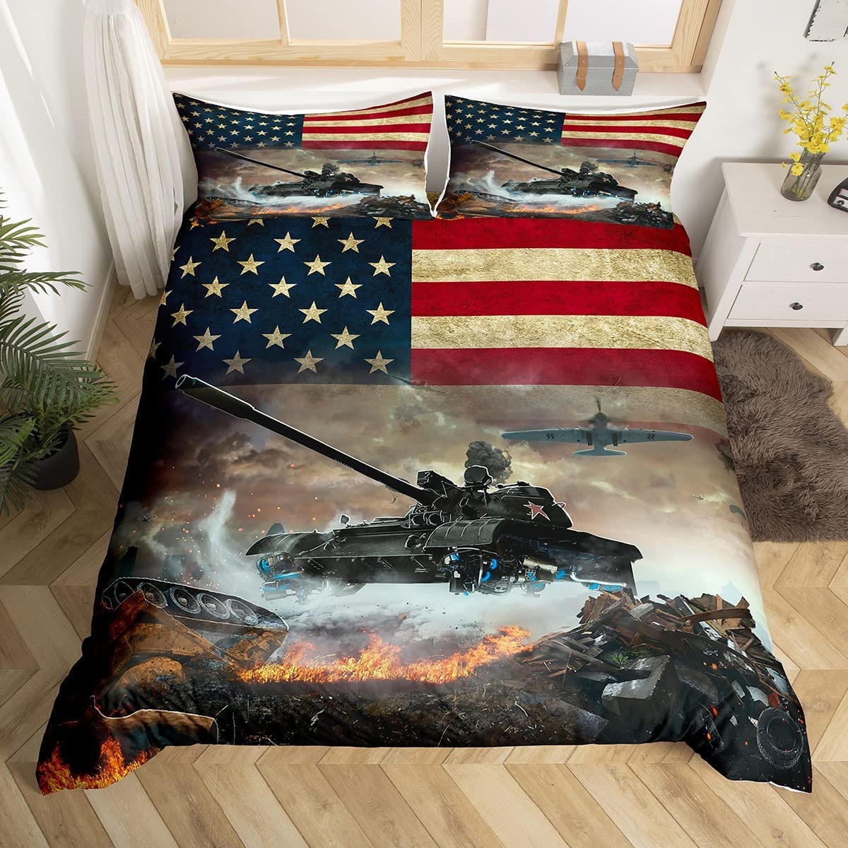 American Flag Duvet Cover Set Tank Gun Bedding Sets Military Theme Comforter Cover For Teen Boys