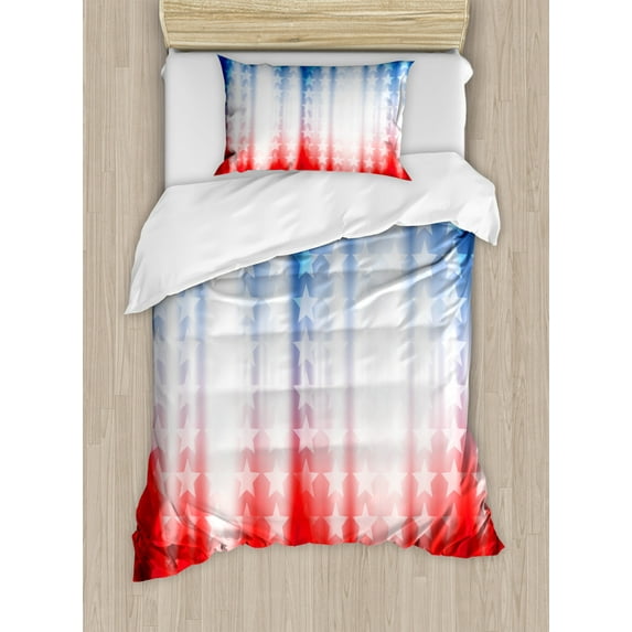 American Flag Duvet Cover Set Twin Size, Abstract Background with Stars in Digital Neon Colors Design Image Artwork, Decorative 2 Piece Bedding Set with 1 Pillow Sham, Blue Red, by Ambesonne
