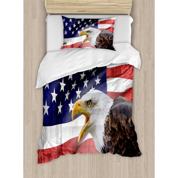 American Flag Duvet Cover Set Twin Size, Eagle on Foreground Banner Pride History Solidarity Martial Identity Symbol, Decorative 2 Piece Bedding Set with 1 Pillow Sham, Multicolor, by Ambesonne