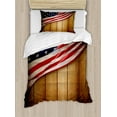 thumbnail image 1 of American Flag Duvet Cover Set, United States Design on a Vertical Retro Wooden Rustic Back Old Glory Country, Decorative 2 Piece Bedding Set with 1 Pillow Shams, Twin Size, Blue Red, by Ambesonne, 1 of 3