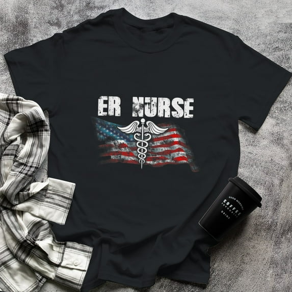 American Flag ER Nurse Cool Nurse T-Shirt Proud Nurse, Small, Black