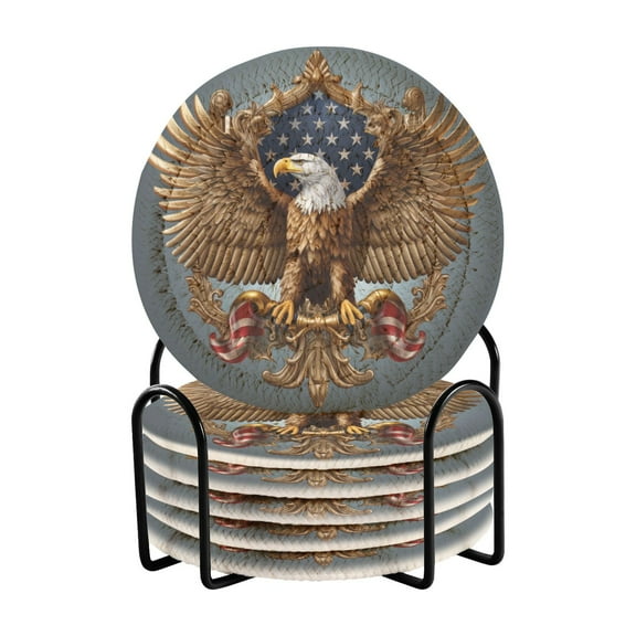 American Flag Eagle 6 Pcs Drink Coasters with Holder Absorbent Coasters Woven Coasters for Drinks Table Desk Protection Home Decor