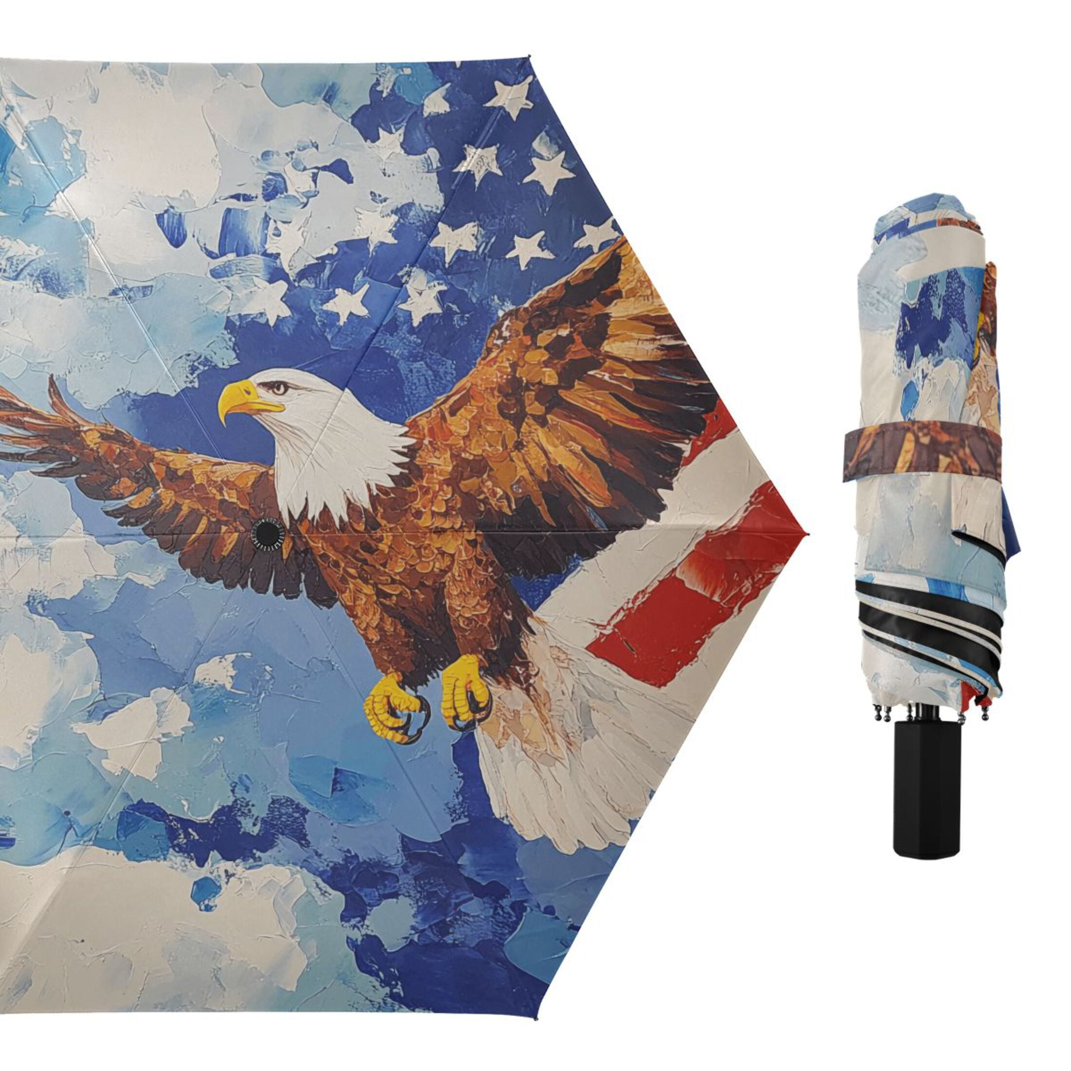 American Flag Eagle Clouds Compact Sun Umbrella Windproof Travel Umbrellas for Rain Strong Portable UV Protection