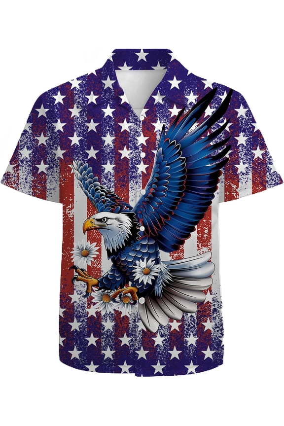 American Flag Eagle Men's Hawaiian Shirt 3D Graphic Button Down Short Sleeve Tropical Holiday Beach Aloha Shirts