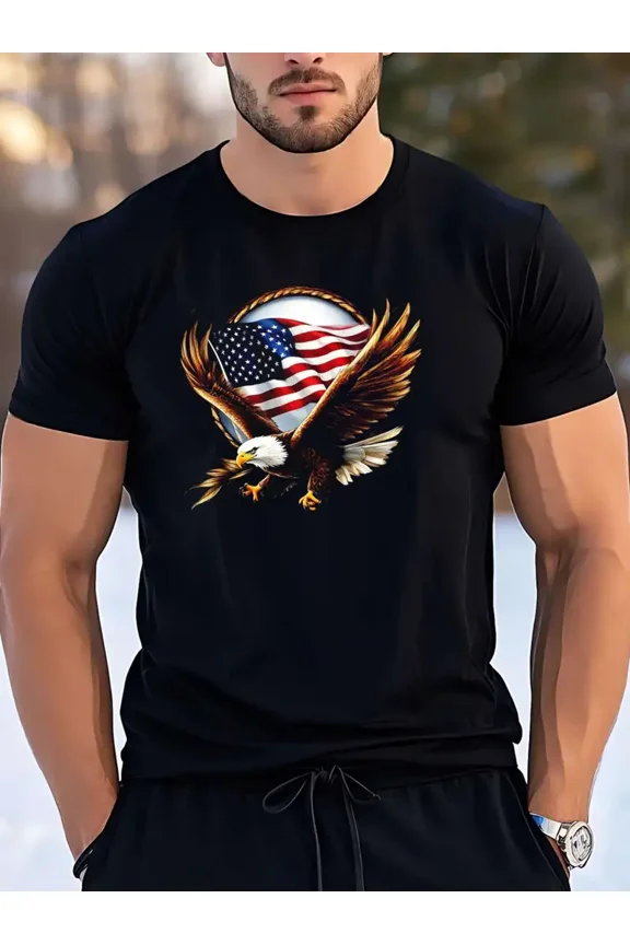 American Flag Eagle Patriotic Men Short Sleeve Cotton Graphic T-Shirt