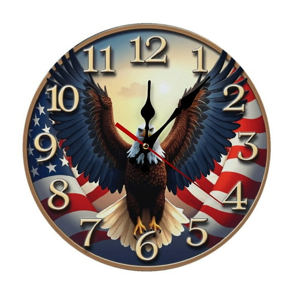 American Flag Eagle Wall Clock 10 Inch Silent Non Ticking Round Wooden Clock Decoration for Living Room Kitchen Bedroom Bathroom Office Classroom