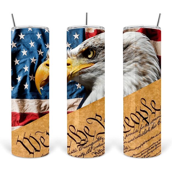 American Flag Eagle We The People Skinny Tumbler 30 oz Straight Stainless Steel Vacuum Insulated Travel Coffee Mug with Lid Straw Slim Water Cup