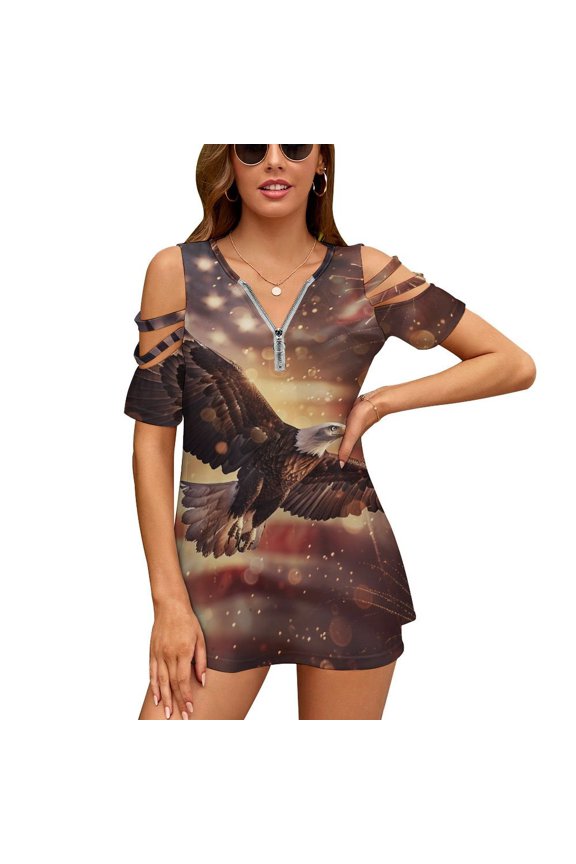 American Flag Eagle Womens Summer V Neck Zipper Top Short Sleeve T Shirt Off Shoulder Top Casual Classy Loose Shirts