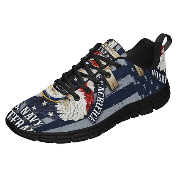 American Flag Eagle Wreath With U S Navy Veteran Running Shoes Sneakers Mesh Black Size 11