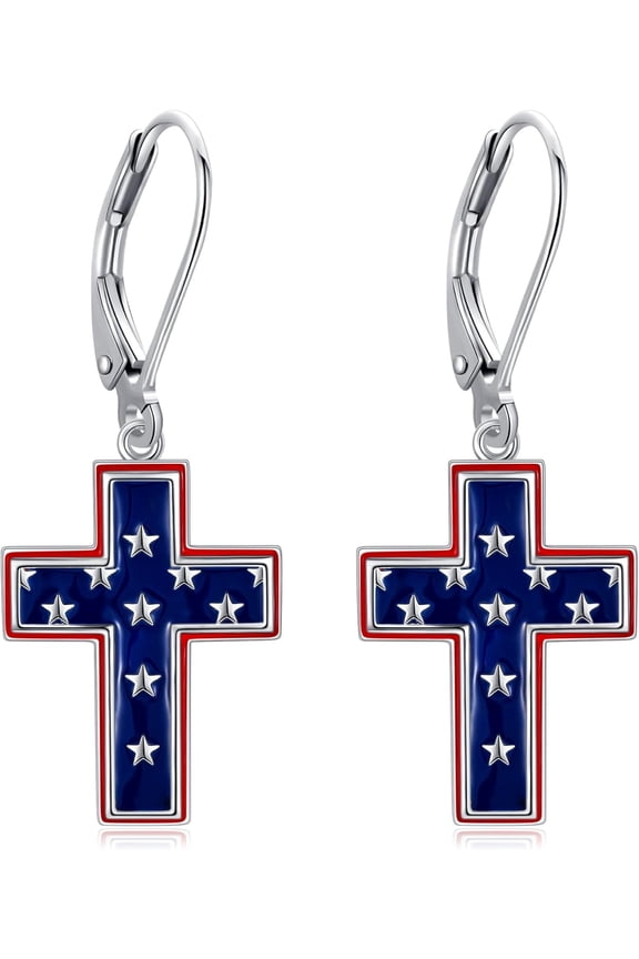 American Flag Earrings S925 Sterling Silver Cross Dangle Earrings Red White And Blue Patriotic Earring Dangling 4th Of July Jewelry Gifts For Women Men Independence Day Gift