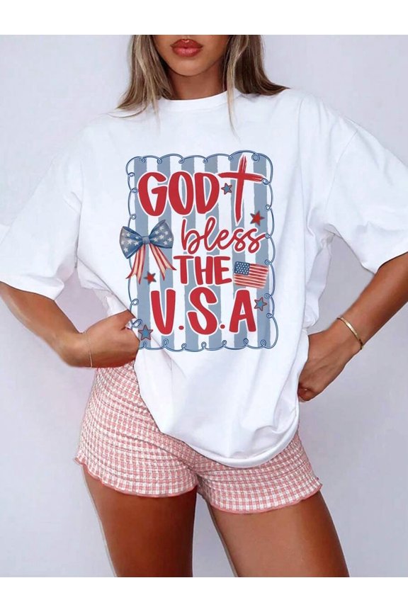 American Flag Element Printed Pattern Summer Ladies Casual T-Shirt