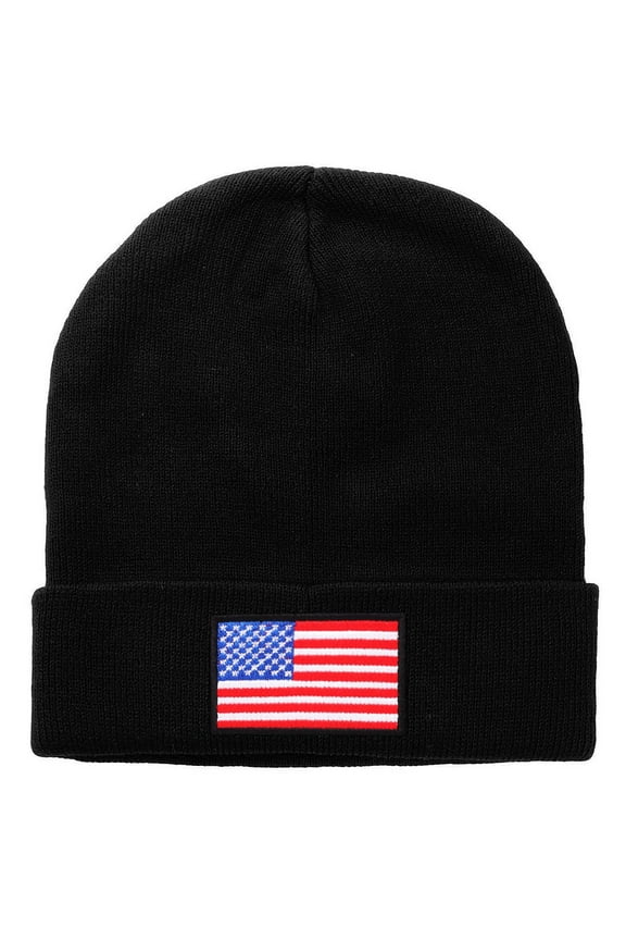 American Flag Embroidered Beanie Hats for Unisex Men Women Winter Cold Weather Knit Cuff Skull USA Cap - Black