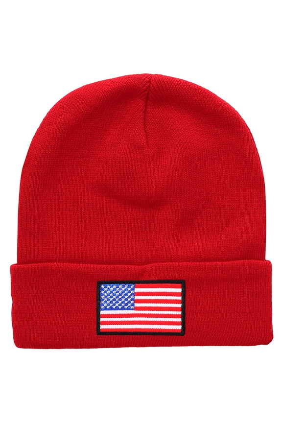 American Flag Embroidered Beanie Hats for Unisex Men Women Winter Cold Weather Knit Cuff Skull USA Cap - Red