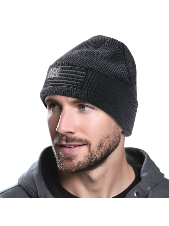 American Flag Embroidered Knit Cuffed Beanie for Men Women Tactical Winter Warm Hat