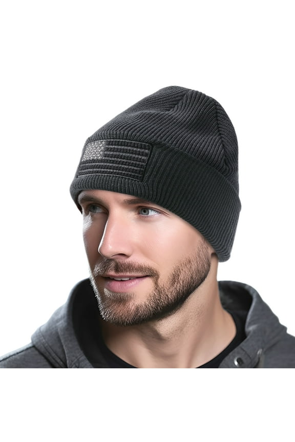 American Flag Embroidered Knit Cuffed Beanie for Men Women Tactical Winter Warm Hat